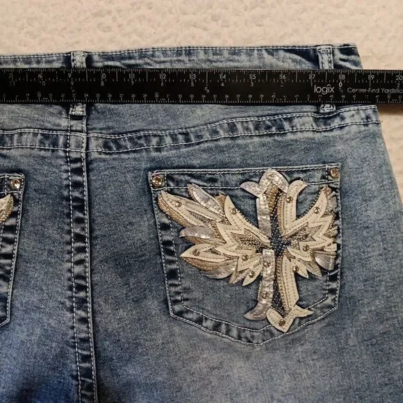 Telepatia High-Rise Bootcut Jeans 20x30 Bootcut Rhinestone Embellished Cross - Picture 4 of 10
